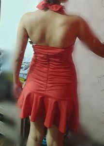 Elegant Red Ruched Halter Dress