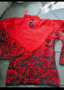 Red Floral Fringe Poncho Sweater