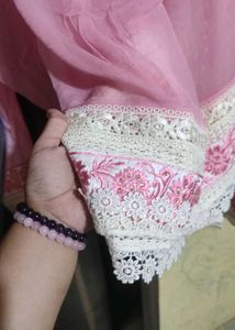 Pink Embroidered Kurta set with lace work dupatta