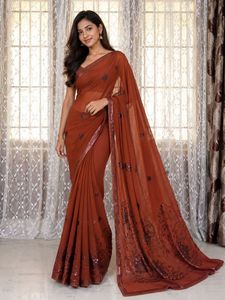 🤎✨🍂Rust Brown Poonam Georgette Sequin Saree | Pa