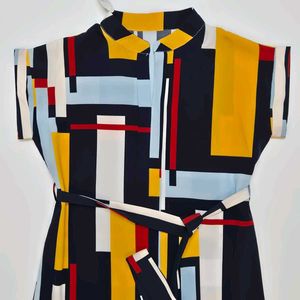 Abstract Print Belted Shirt Dress Geometric prin