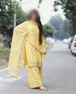 Yellow beautiful plazzo kurta set with pure chiffo