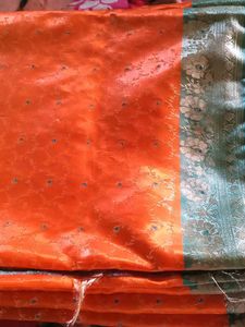 Vibrant Orange Saree with Blue &amp; Silver Border