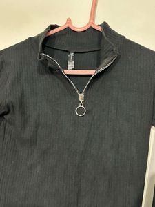 Black Ribbed High Neck Zip Top / Full Sleeve