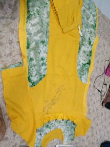 Yellow Kurta Set with Green Print