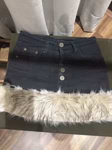Black Denim Mini Skirt with Fur Trim