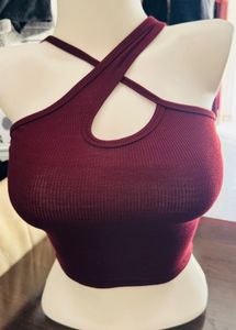 Burgundy Ribbed Halter Crop Top