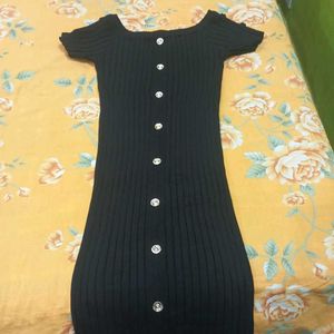Chic Black Button-Up Ribbed Dress