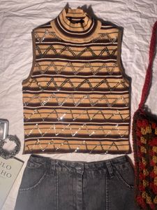 Sparkly Striped Turtleneck Sleeveless Top