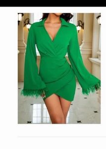 Feather Trimmed Emerald Green Wrap Dress