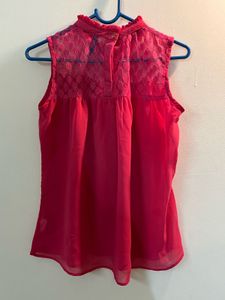 Chic Pink Lace Neck Sleeveless Top