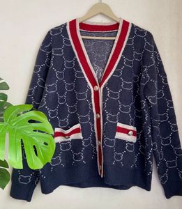 Chic Blue Bear Print Knit Cardigan