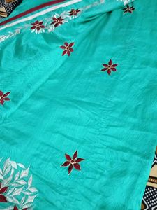 Beautiful Teal Saree with Floral Embroidery