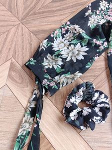 Black Top Flower Printed With Matching Scrunchie