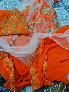 Vibrant Orange &amp; White saree with blouse pc