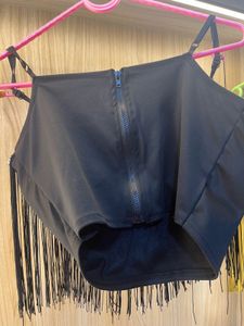 Black Fringe Embellished Crop Top