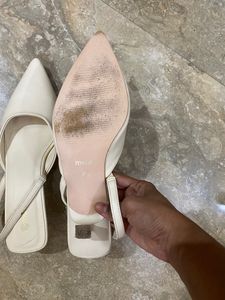 Beige Kitten Heels  Mules With Slingbag