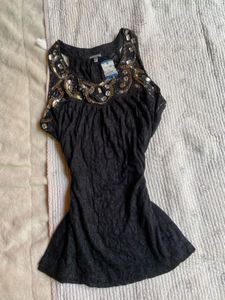 vintage Sparkly Embellished Black Top