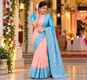Elegant Pink & Blue Silk Saree