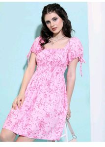 Cute Pink Floral Puff Sleeve Dress