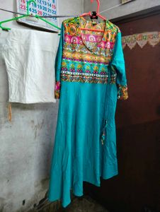 Vibrant Teal Kurta with Embellished Neckline