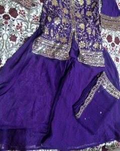Embroidered Purple umbrella plazo kurta with dupat