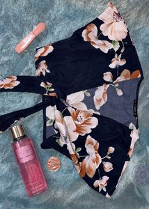 Navy Floral Print Wrap Top