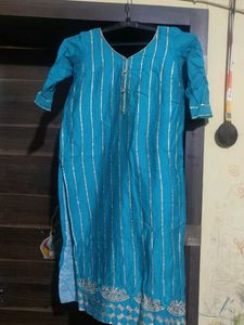 Teal Kurta Set with Silver Stripes