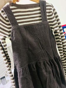 Women's Striped Long Sleeve Top &amp; Brown Overalls