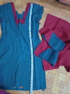 New Teal &amp; Red Embroidered Kurti Pant Set