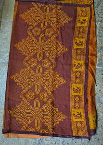 Elegant Brown &amp; Yellow Floral Saree