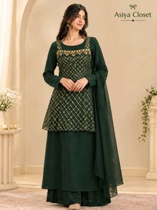 Elegant Dark Green Embroidered 3-Piece Suit Set