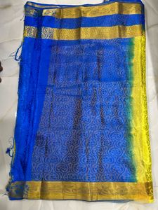 Vibrant Blue &amp; Yellow Brocade Saree