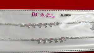 Silver Anklets with Pink Stones 8 inch