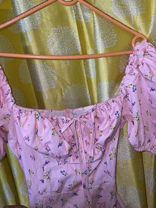 Pink Floral Corset Puff Sleeve Gown