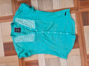 Blue Lace Detail Button-Up Top