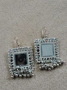 Mirror Work Square Dangler Earrings oxidized