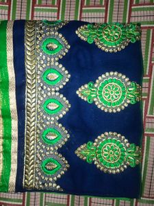 Embroidered Blue Saree with Green Accents