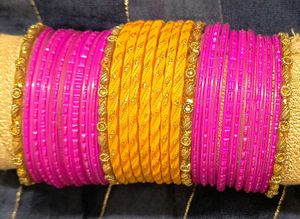 Stylish Pink &amp; Yellow Bridal Chura Set