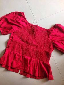 Red Puff Sleeve Square Neck Peplum Top