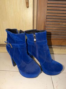 Blue Velvet Platform Heeled Boots