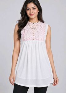 White long Top with Pink Cutout Neck