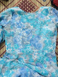 Blue Floral Midi Dress with Ruffles