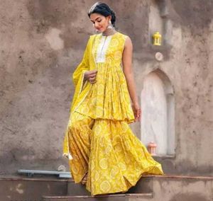 Yellow Printed Kurta Sharara Set