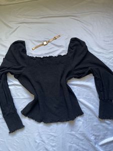 Black Smocked Square Neck Top