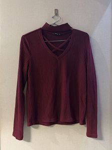 Maroon Ribbed Lattice Neck Top