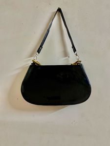 Chic Black Patent Handbag with Gold Chain