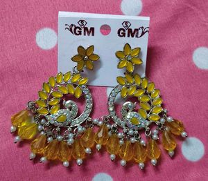 Yellow Peacock Design Dangle Earrings