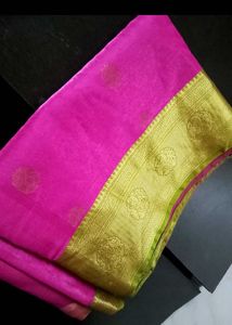 Vibrant Pink Silk Saree with Gold Border
