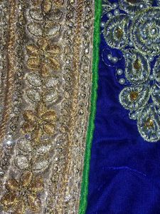 Royal Blue Embroidered Velvet Saree